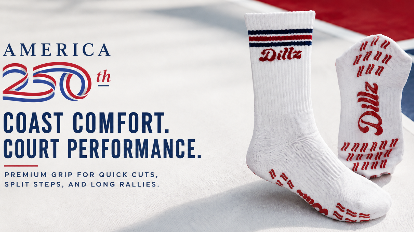 Dillz America 250th grip socks on a pickleball court
