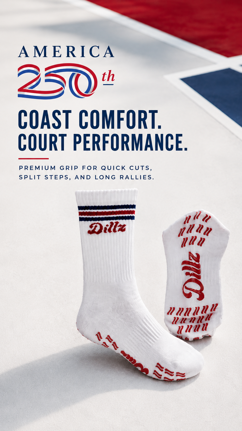 Dillz America 250th grip socks with red traction pattern